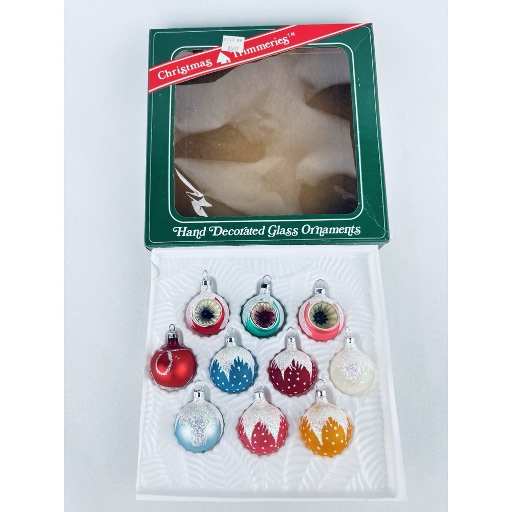 Vintage Bradford 10 Glass Mini Christmas Ornaments Hand Decorated Indent Center